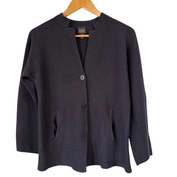 Eileen Fisher Navy Silk and Cotton Button Knit Cardigan Sz M Petite MSRP $298 - Picture 1 of 6